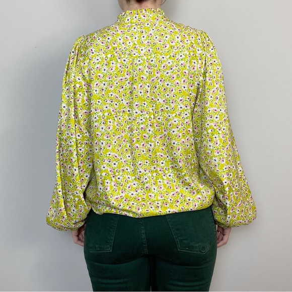 Cupcakes & Cashmere Lime Green Floral Ruffle Neck Tie Blouse - Picture 3 of 11